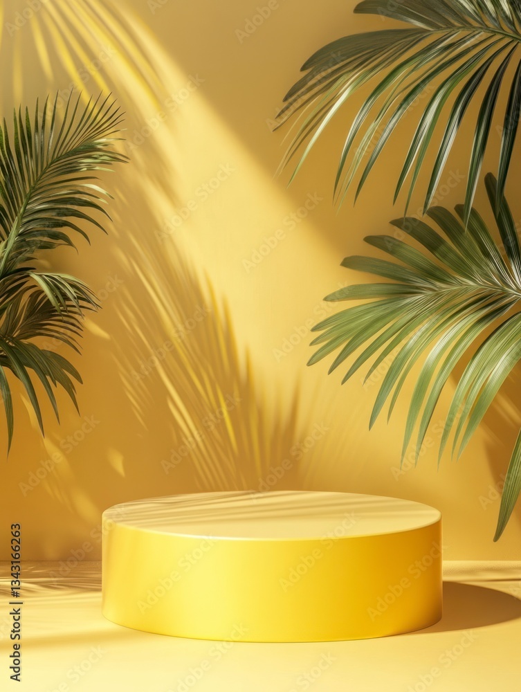 Fototapeta premium Yellow Product Display Podium with Palm Leaf Shadow and Sunlight