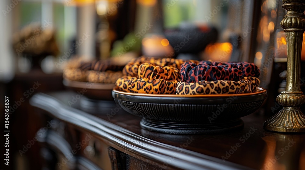 Fototapeta premium Leopard print headbands displayed on antique console, candles background, home decor