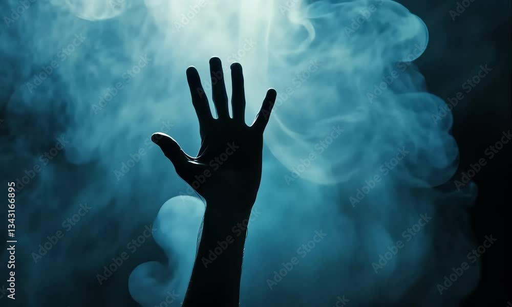 Mysterious Hand Emerges from Misty Darkness, Reaches Out in Horrifying and Dramatic Scene Mysterious Hand Emerges from Misty Darkness, Reaches Out in Horrifying and Dramatic Scene