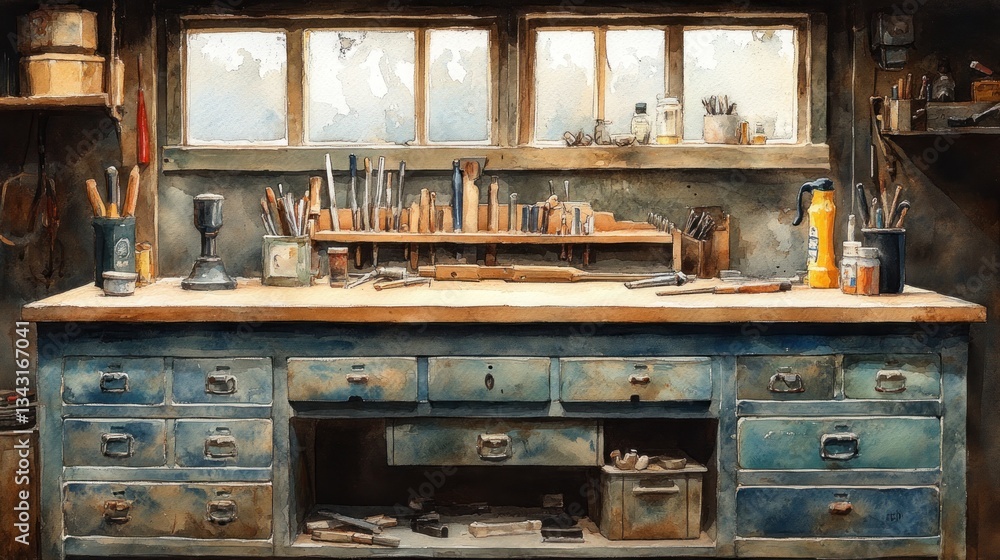 Fototapeta premium Rustic workshop workbench, tools, window, daylight, craft