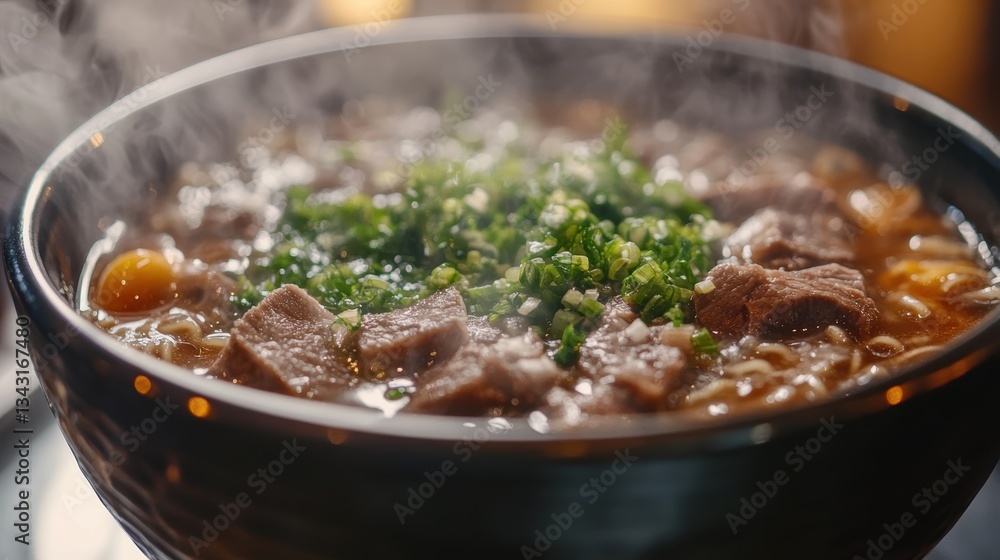 A steaming bowl of ramen, its dark broth adorned with tender beef slices and fragrant herbs, promising a symphony of flavors and textures in every slurp. A steaming bowl of ramen, its dark broth adorned with tender beef slices and fragrant herbs, promising a symphony of flavors and textures in every slurp.