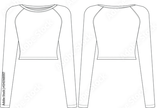 round raglan neck long sleeve cropped crop blouse top template technical drawing flat sketch cad mockup fashion woman design style model 
