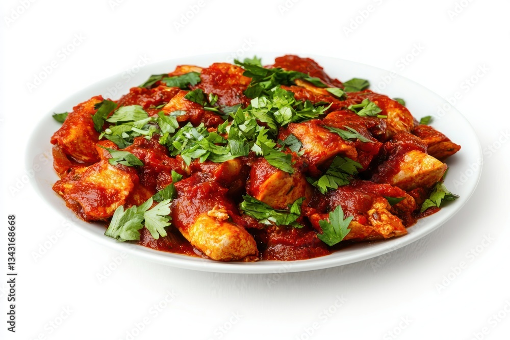 Fototapeta premium Delicious Homemade Chicken Tikka Masala with Fresh Cilantro on White Plate Food Photography