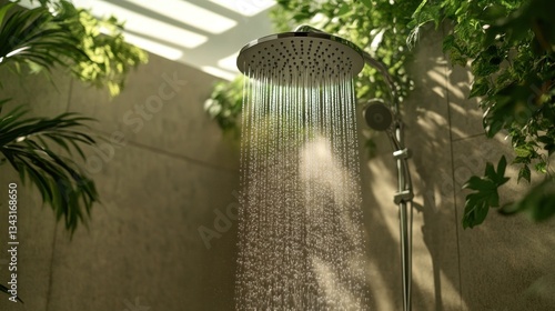 Outdoor shower with lush tropical plants.