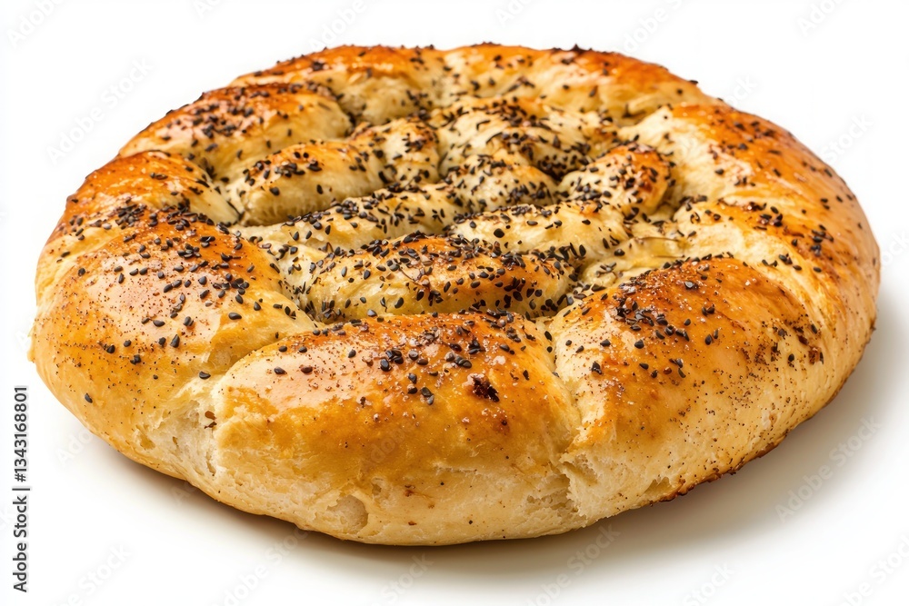 Delicious turkish ramadan pide bread on white background baked crusty bread enhanced with sesame seeds Delicious turkish ramadan pide bread on white background baked crusty bread enhanced with sesame seeds