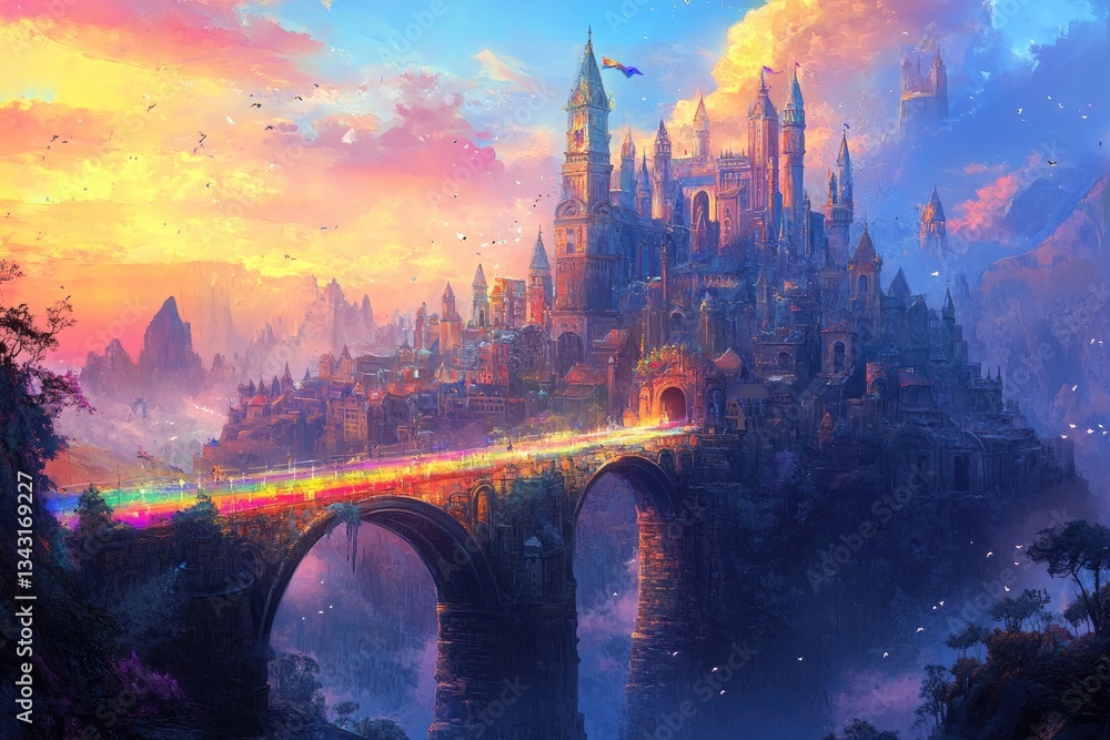 Obraz premium A fantasy castle on a mountain with a rainbow bridge