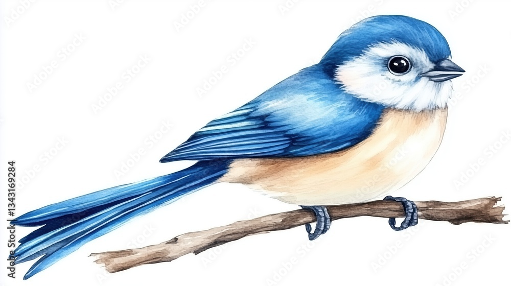 Obraz premium Cute blue bird perched on a branch in watercolor clip art style, isolated on a white background. High-detail vector illustration with pastel colors and professional color grading, creating a soft and 