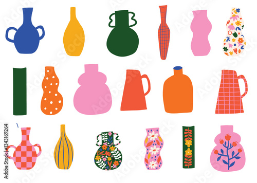 Colorful hand drawn abstract vases of different shapes. Hand drawn tableware decor element collection. Cute graphic illustration set of Flower vase, pot, jug, watering can for stationery, stickers 