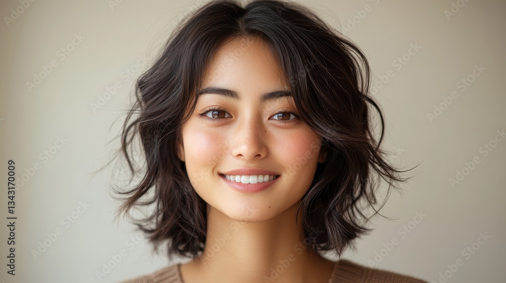 Young asian female smiling with short wavy hair and brown sweater Young asian female smiling with short wavy hair and brown sweater