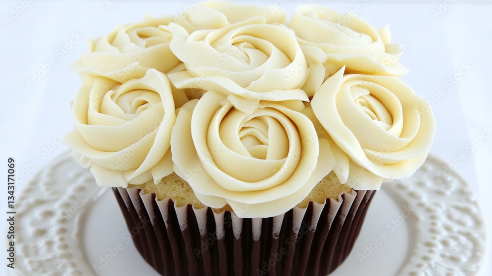 Vanilla cupcake roses, frosting, dessert, plate, white background, recipe Vanilla cupcake roses, frosting, dessert, plate, white background, recipe