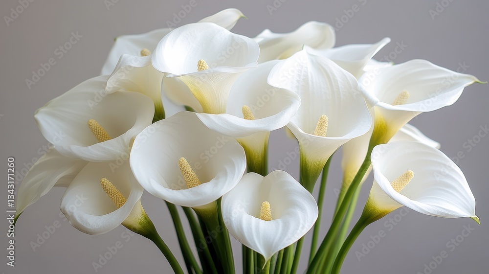 Obraz premium Elegant white calla lilies with yellow stamens on gray background