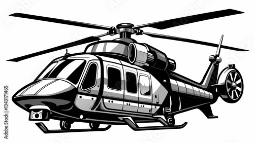 Clean Black and white vector silhouette of a Helicopter on white background