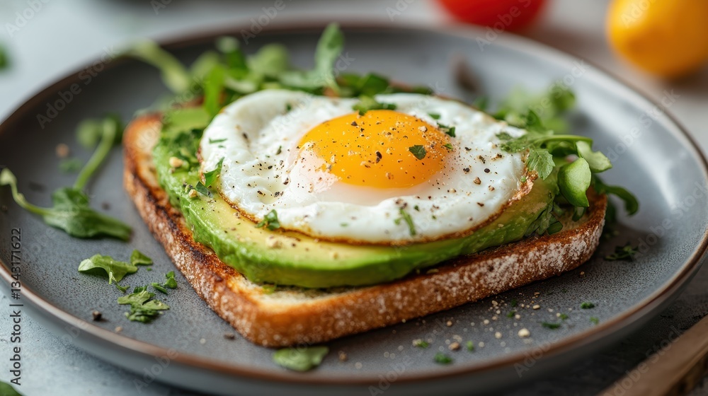 A golden-brown slice of toasted avocado, adorned with a poached egg, a testament to the simple pleasures of breakfast indulgence. A golden-brown slice of toasted avocado, adorned with a poached egg, a testament to the simple pleasures of breakfast indulgence.