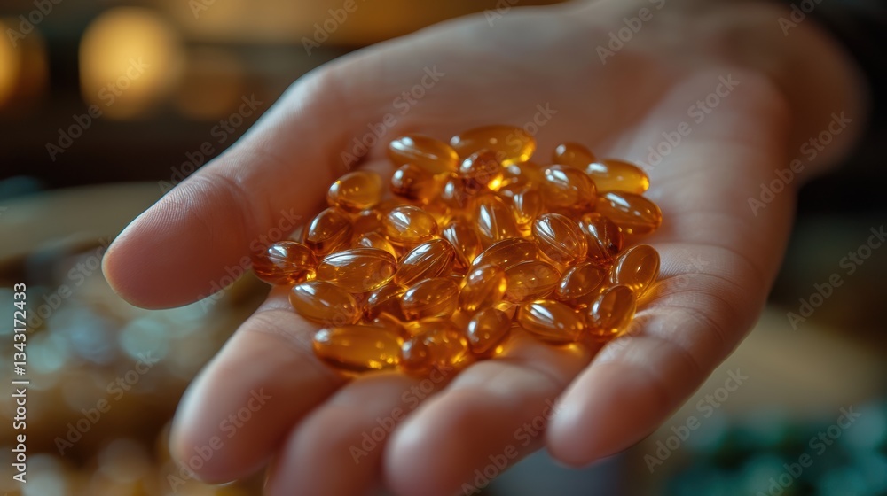 Omega 3 softgels, a treasure trove of healthy fats, nestled comfortably in a palm of the hand, ready to embark on its journey to nourish the body. Omega 3 softgels, a treasure trove of healthy fats, nestled comfortably in a palm of the hand, ready to embark on its journey to nourish the body.