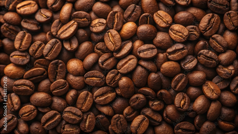 Obraz premium Close-up of roasted coffee beans with a rich texture and aromatic background