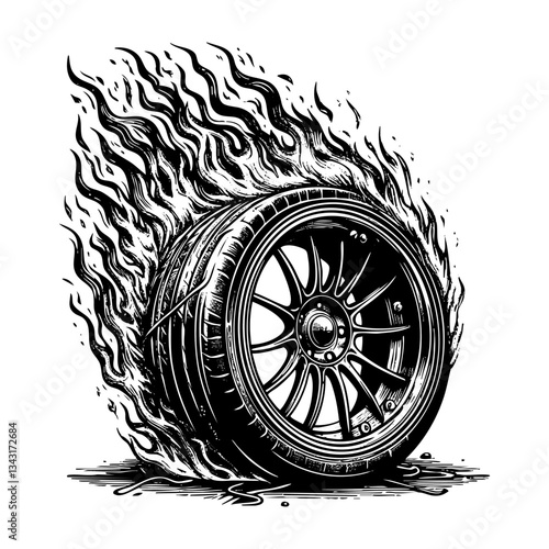 wheel burning on fire sketch engraving black and white outline. Scratch board imitation.  illustrated in vintage line art style on a white background.
