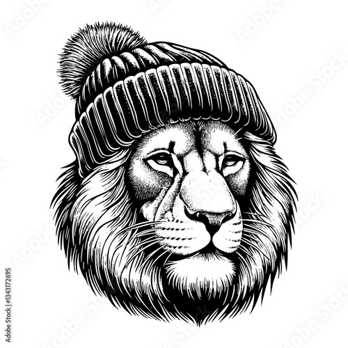 Lion wear beanie hat portrait sketch engraving black and white outline. Scratch board imitation.