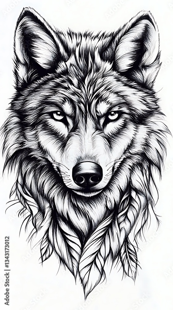 Detailed artwork of a wolf head with feathers, isolated on white background, for animal designs Detailed artwork of a wolf head with feathers, isolated on white background, for animal designs