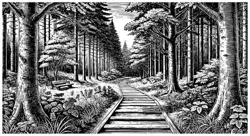 Path in rainforest sketch engraving black and white outline. Scratch board imitation.
