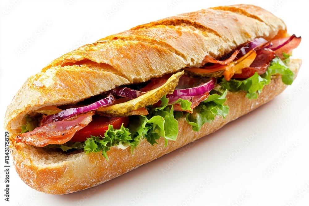 Delicious baguette sandwich filled with fresh vegetables bacon and cheese on white surface food photography Delicious baguette sandwich filled with fresh vegetables bacon and cheese on white surface food photography