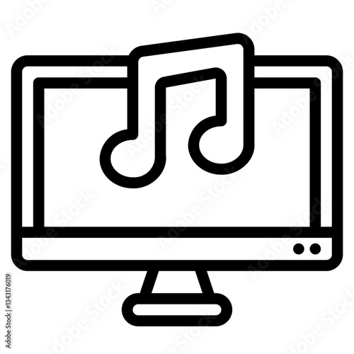 Computer monitor with a music note for music production, recording studio, sound design, digital music creation, online music courses.