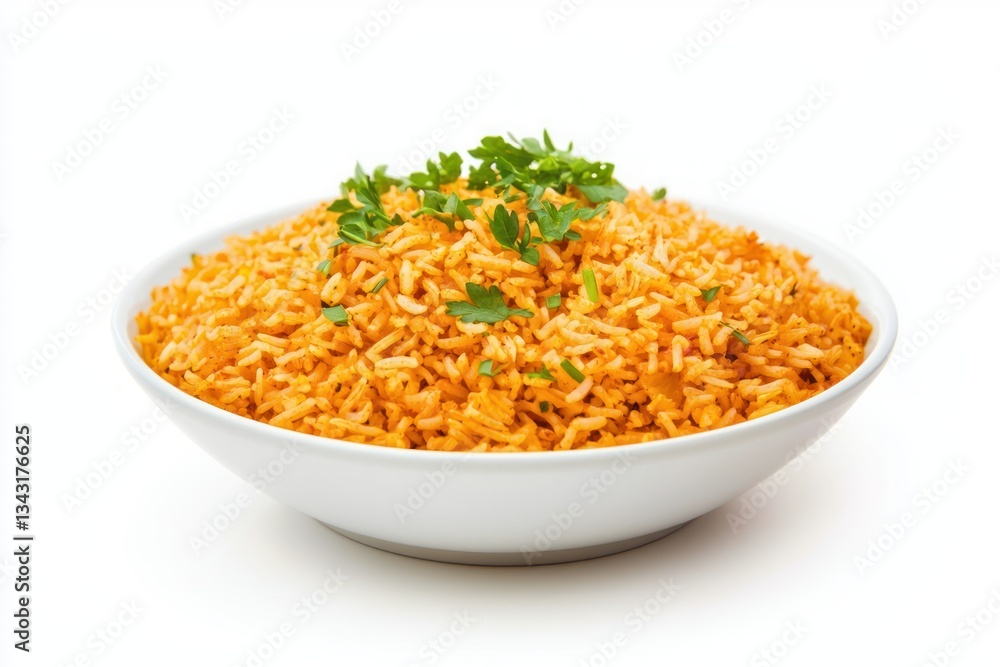 Delicious mexican rice with fresh parsley in elegant white bowl on clean background enhancing culinary appeal Delicious mexican rice with fresh parsley in elegant white bowl on clean background enhancing culinary appeal
