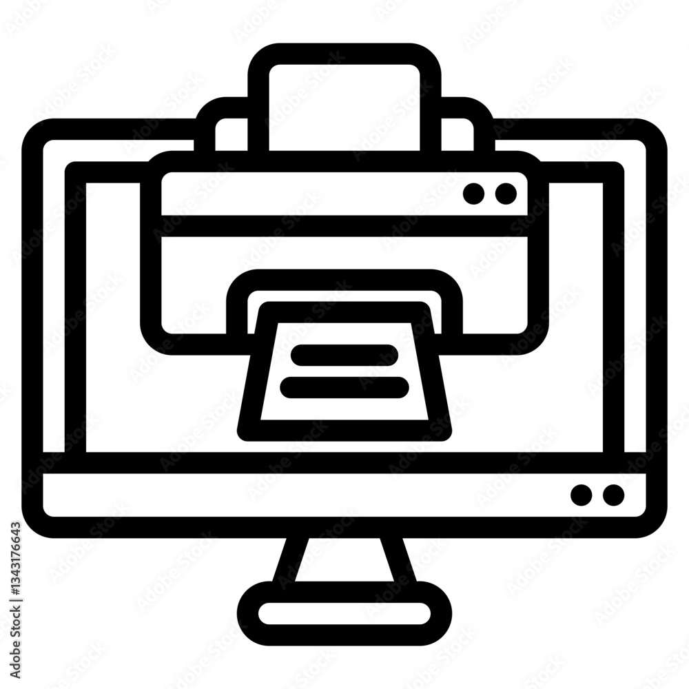 Computer monitor displays printer icon. Perfect for technology blogs or articles about printing software, office equipment, or digital communication. Computer monitor displays printer icon. Perfect for technology blogs or articles about printing software, office equipment, or digital communication.