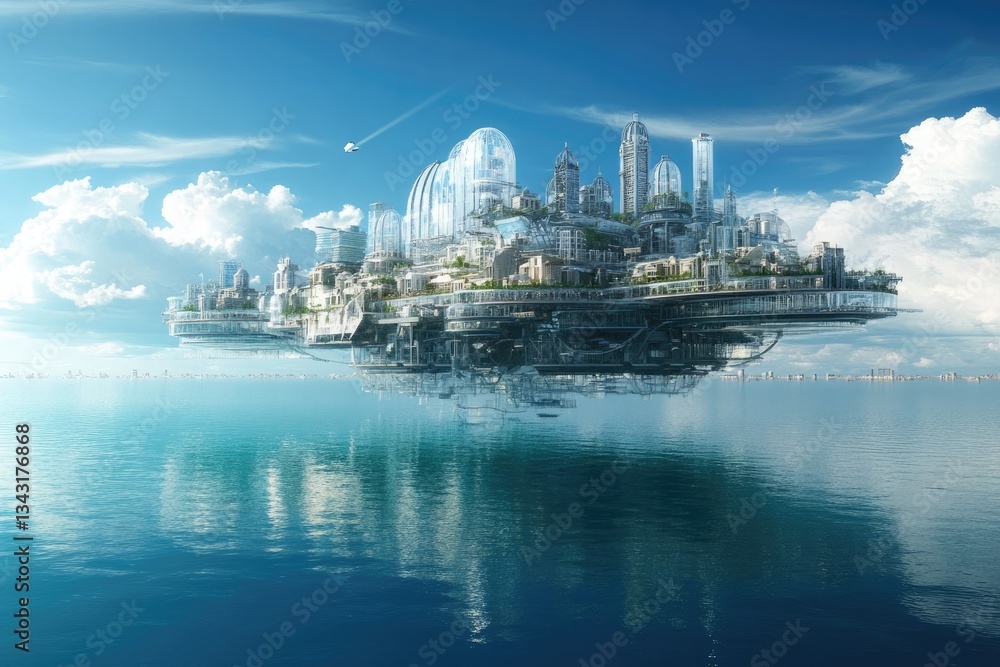 Fototapeta premium A floating city with transparent structures above a serene ocean