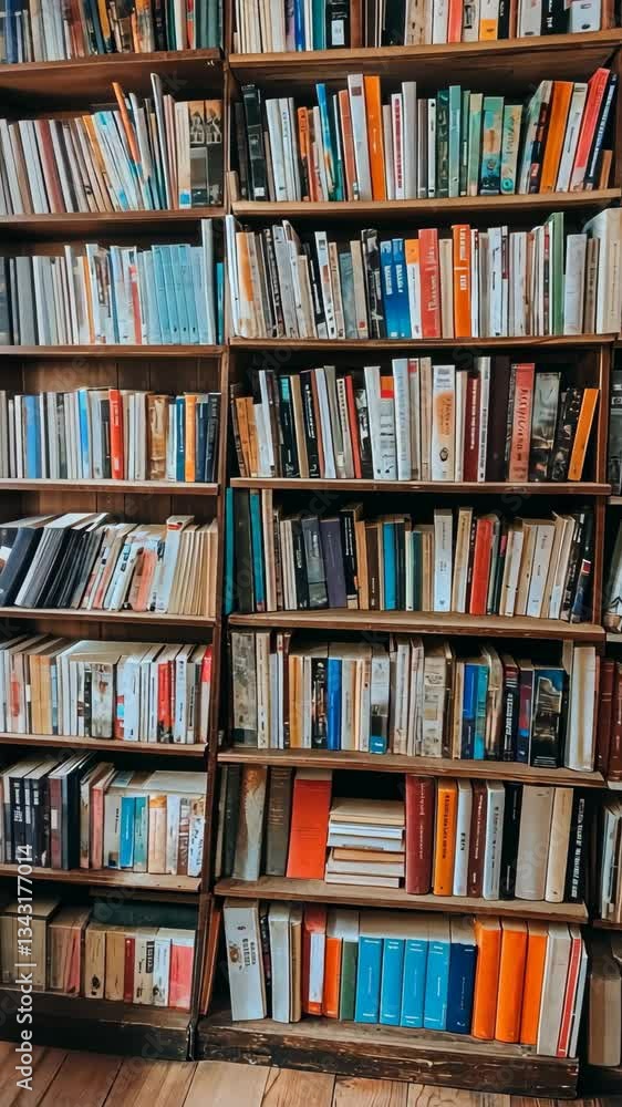Shelves filled with a diverse collection of books in a cozy reading nook during afternoon light Shelves filled with a diverse collection of books in a cozy reading nook during afternoon light