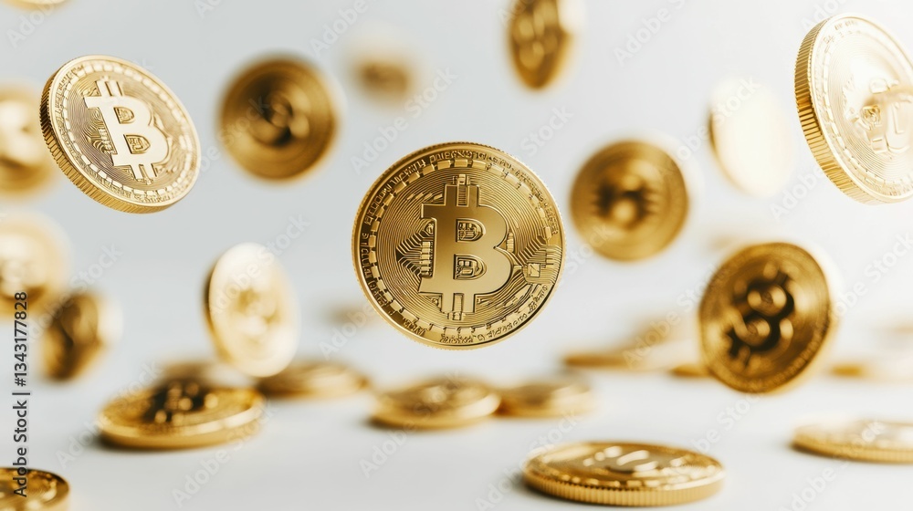 Gold coins and the Bitcoin logo suspended mid air in high resolution, with a few coins falling from above, set against a soft light background. Gold coins and the Bitcoin logo suspended mid air in high resolution, with a few coins falling from above, set against a soft light background.