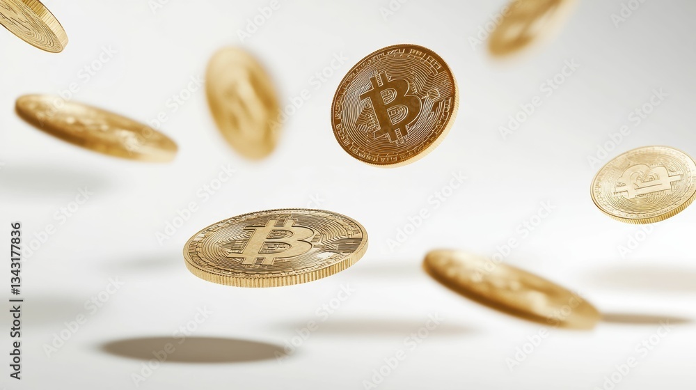 Gold coins and the Bitcoin logo suspended mid air in high resolution, with a few coins falling from above, set against a soft light background.