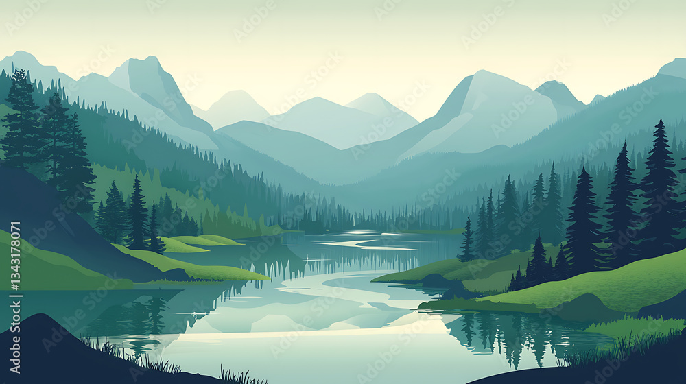 Fototapeta premium Serene Mountain and Lake Reflections in Soft Pastel and Blue Hues 