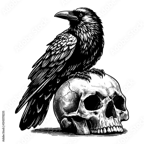 crow on skull sketch engraving black and white outline. Scratch board imitation.