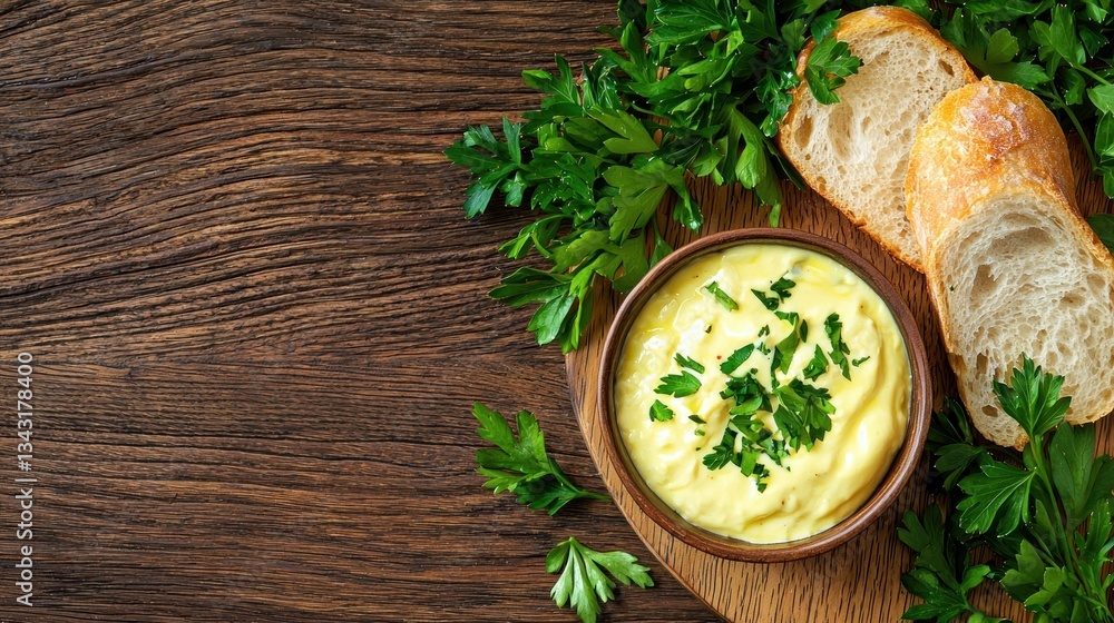 Creamy aioli with bread on wooden platter surrounded by fresh parsley a rustic delight flat lay food photography Creamy aioli with bread on wooden platter surrounded by fresh parsley a rustic delight flat lay food photography