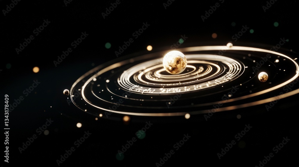Fototapeta premium Golden Celestial System Abstract Space Art Planets Orbits Galaxy Cosmic Universe St