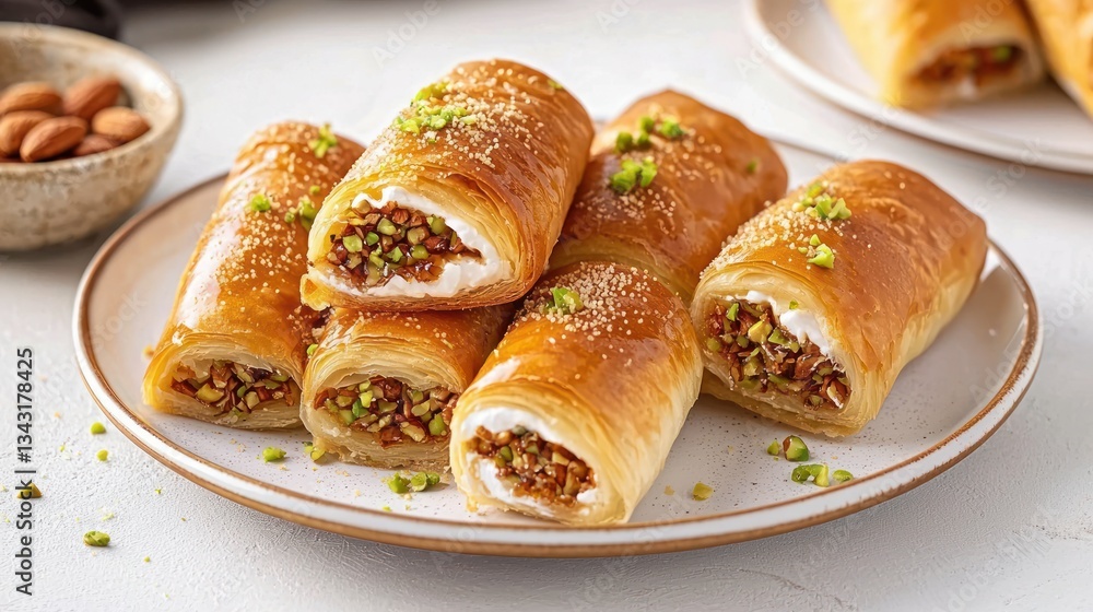 Delicious Baklava Rolls with Pistachios and Almonds Delight on White Plate Sweet Pastry Delicious Baklava Rolls with Pistachios and Almonds Delight on White Plate Sweet Pastry