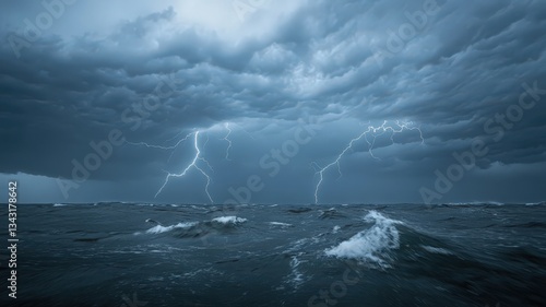 Dark Stormy Seascape with Lightning and Dramatic Clouds