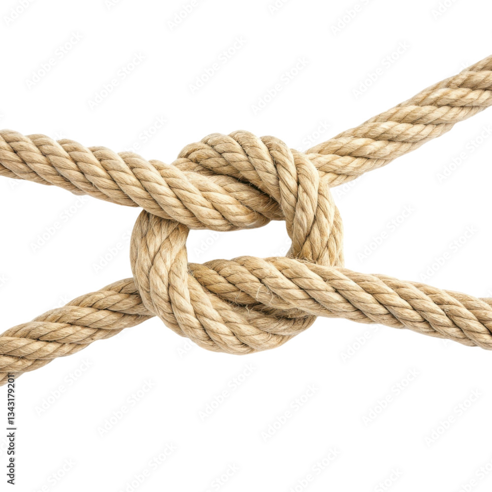 A detailed knot tied with natural fiber rope, showcasing intricate loops and twists, isolated on white background. A detailed knot tied with natural fiber rope, showcasing intricate loops and twists, isolated on white background.