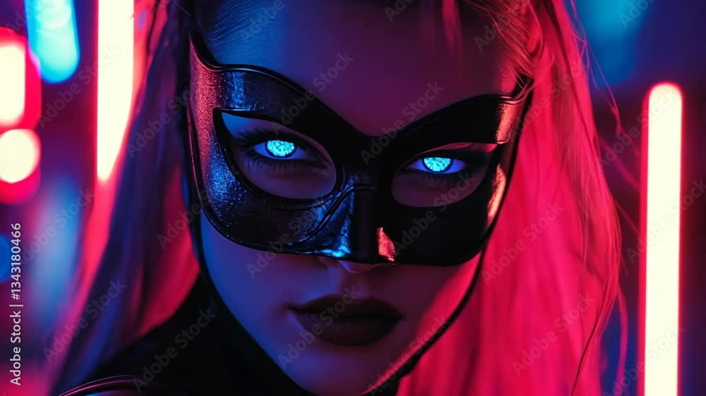 Mysterious figure in a sleek mask illuminated by vibrant neon lights in an urban setting Mysterious figure in a sleek mask illuminated by vibrant neon lights in an urban setting