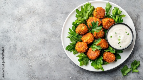 Wallpaper Mural Golden fried falafel balls on white plate with fresh green parsley and creamy sauce top view Torontodigital.ca