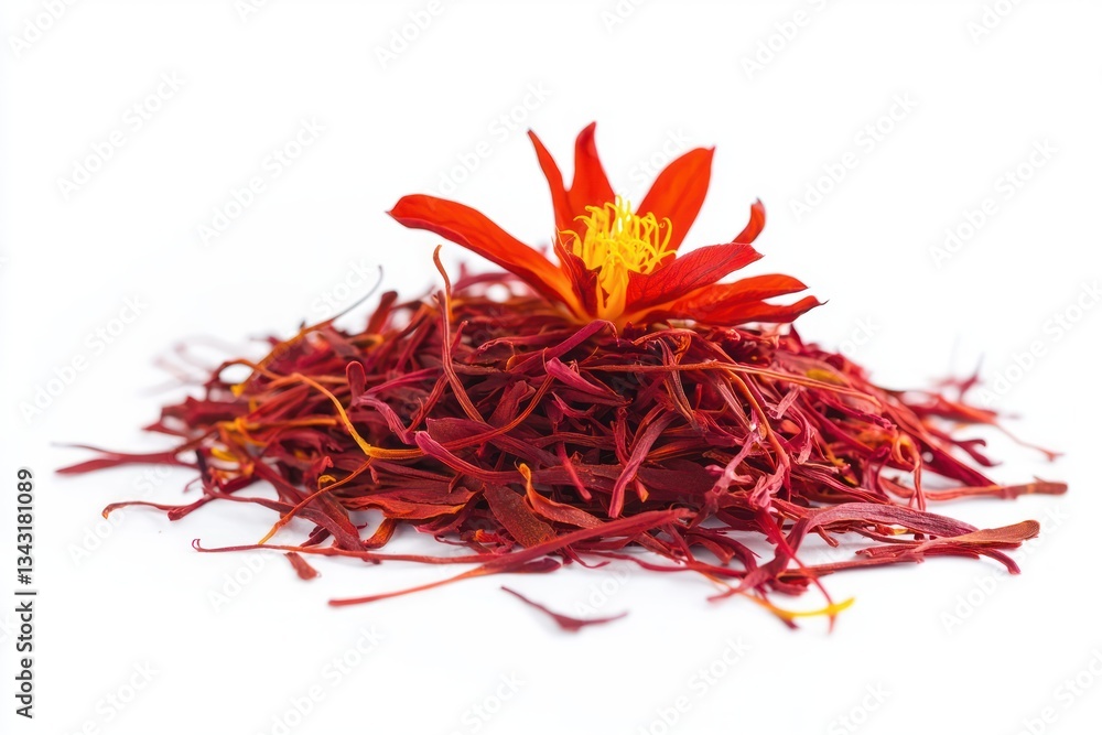 Naklejka premium Saffron Spice and Crocus Flower Head on White Background Capturing Aroma Culinary Ingredient and Gourmet Flavor