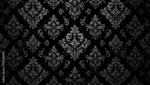  Elegant Black Damask Pattern Background with Intricate Vintage Floral Motifs for Luxury Wallpaper and Design