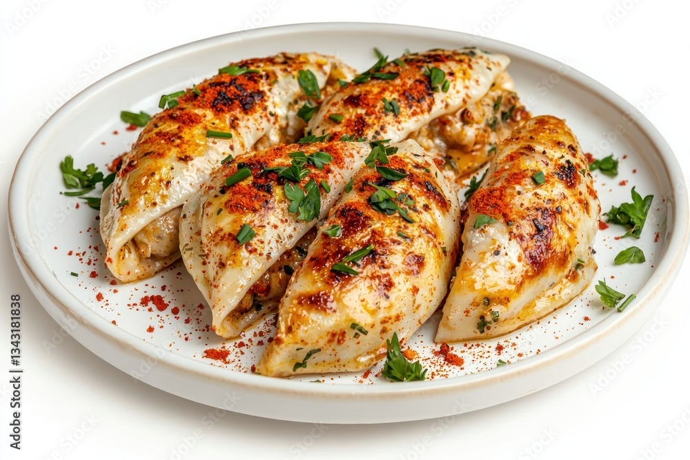 Delicious pierogi on plate with paprika and parsley garnish culinary delight studio shot vibrant color Delicious pierogi on plate with paprika and parsley garnish culinary delight studio shot vibrant color