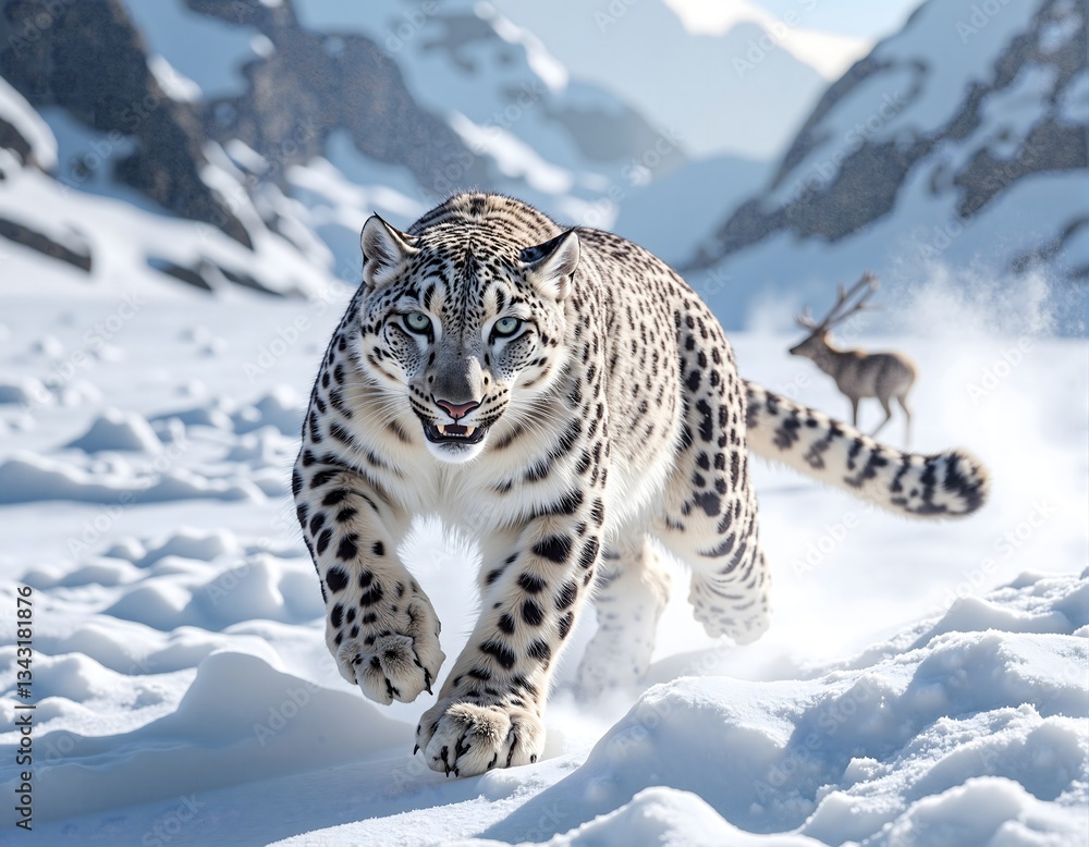 Obraz premium A majestic snow leopard chasing prey in a frosty mountain landscape