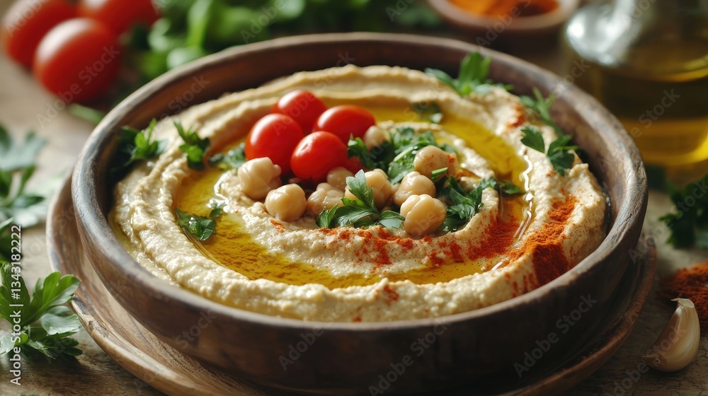 Creamy hummus with red tomatoes chickpeas and fresh parsley served in a rustic wooden bowl for nutritious healthy meal Creamy hummus with red tomatoes chickpeas and fresh parsley served in a rustic wooden bowl for nutritious healthy meal