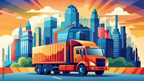 Vibrant double exposure of a freight truck overlaying a city skyline, symbolizing urban cargo transport White background