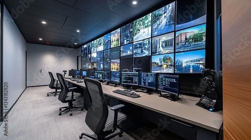 Wallpaper Mural The CCTV monitoring room features a high-tech environment with multiple large screens displaying real-time security footage from various camera angles. The walls are lined with video monitors, showing Torontodigital.ca