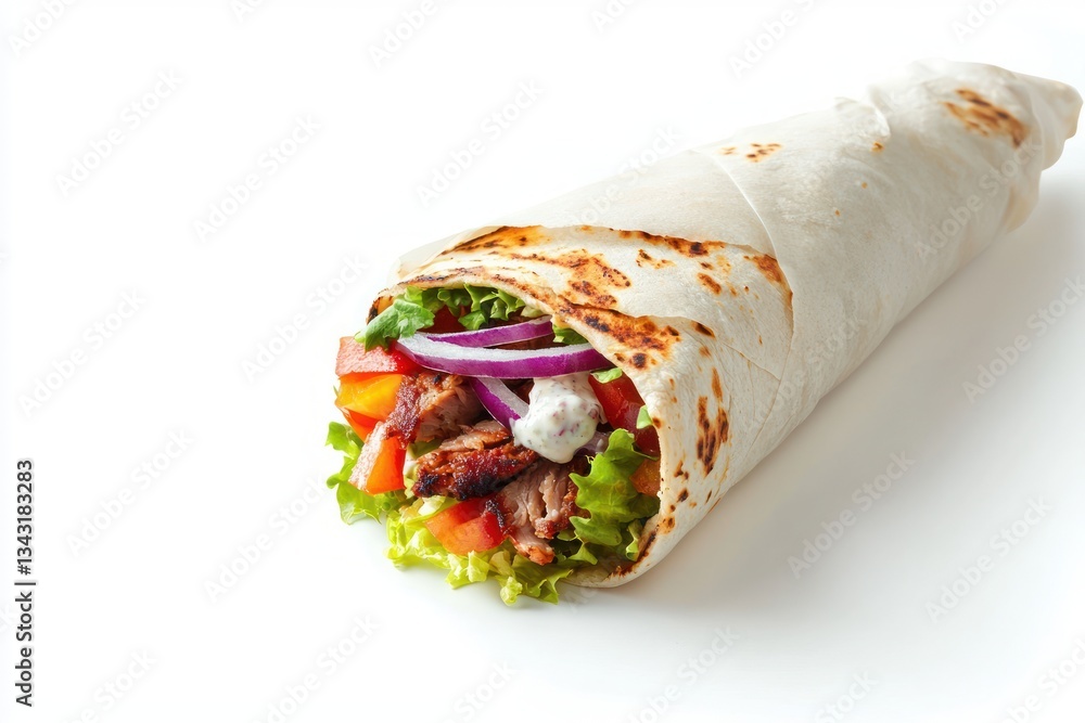 Appetizing shawarma wrap with grilled meat fresh vegetables and delicious sauce on white surface gourmet cuisine Appetizing shawarma wrap with grilled meat fresh vegetables and delicious sauce on white surface gourmet cuisine