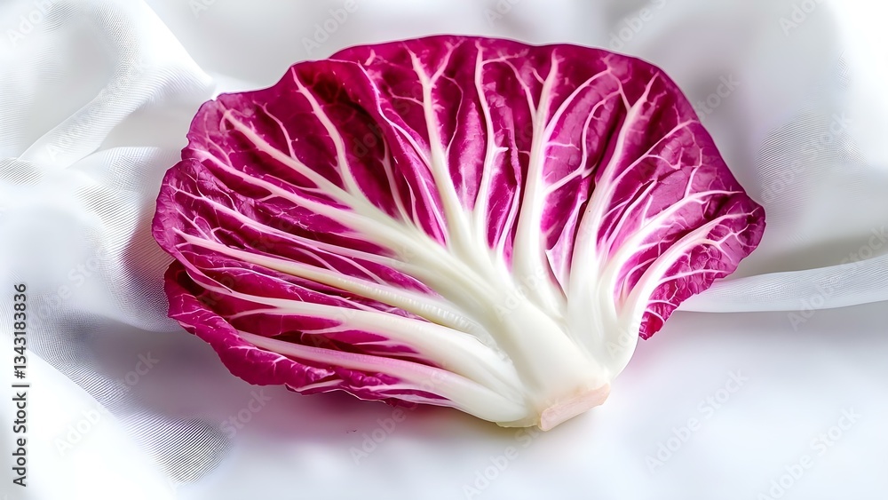 Obraz premium A vibrant red cabbage leaf with prominent white veins, set against a soft, light-colored background. Concept Red Cabbage Leaf, Prominent White Veins, Vibrant Colors, Soft Background