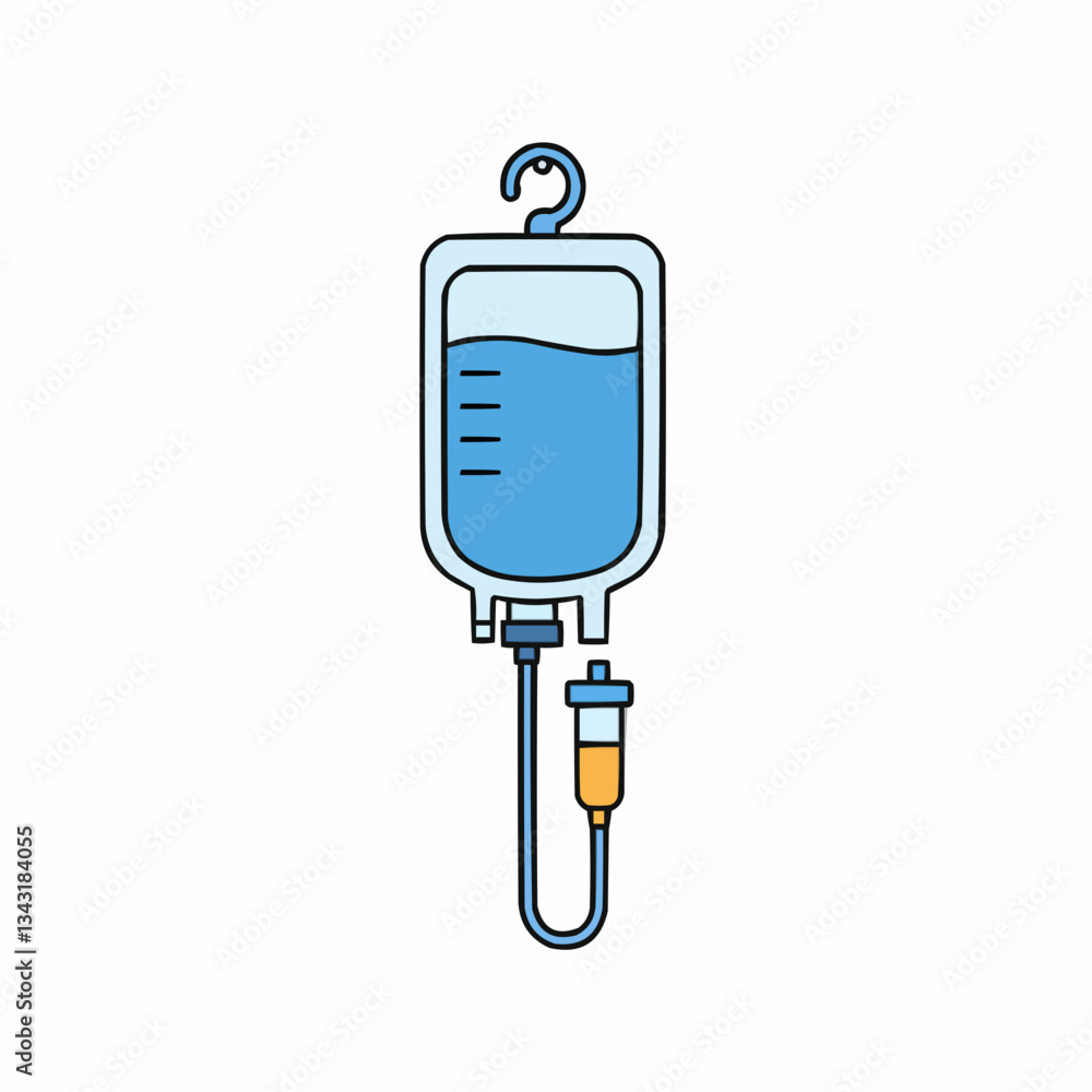 Medical IV bag with clear fluid hanging in a clinical setting Medical IV bag with clear fluid hanging in a clinical setting